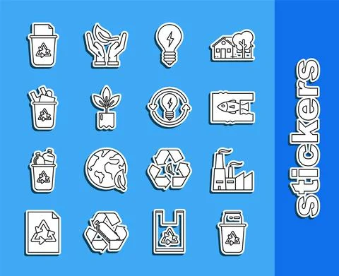 Set line Recycle bin with recycle symbol and can, Factory, Stop ocean plastic Stock Illustration