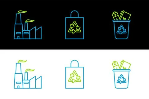 Set line Recycle bin with recycle symbol, Factory and Plastic bag icon. Vecto Stock Illustration