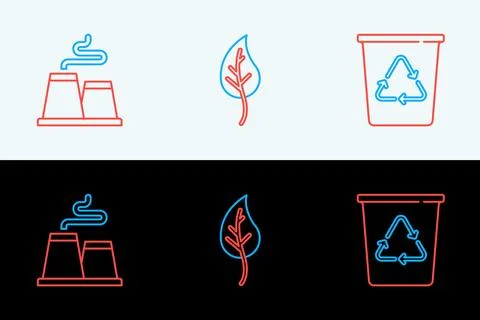 Set line Recycle bin with recycle, Factory and Leaf leaves icon. Vector Stock Illustration