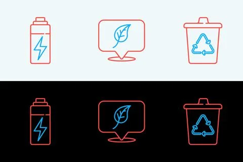 Set line Recycle bin with recycle, Battery and Location leaf icon. Vector Stock Illustration