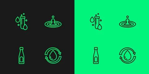 Set line Recycle clean aqua, Bottle of water, Test tube with drop and Water icon Stock Illustration