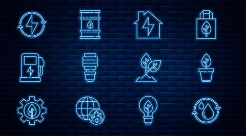 Set line Recycle clean aqua, Plant in pot, House and lightning, LED bulb Stock Illustration