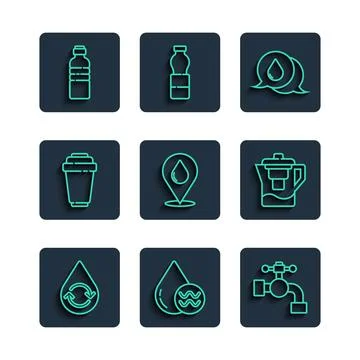 Set line Recycle clean aqua, Water tap, drop with speech bubbles, location Illustrazione stock