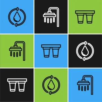 Set line Recycle clean aqua, Water filter and Shower icon. Vector Stock Illustration