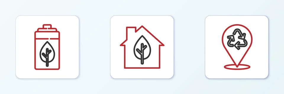 Set line Recycle, Eco nature leaf and battery and friendly house icon. Vector Illustrazione stock