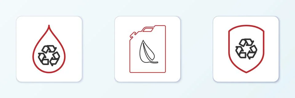 Set line Recycle inside shield, clean aqua and Bio fuel canister icon. Vector Stock Illustration