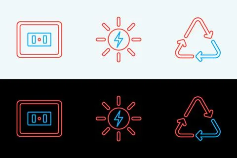 Set line Recycle symbol, Electrical outlet and Solar energy panel icon. Vecto Stock Illustration