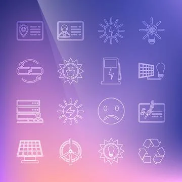 Set line Recycle symbol, Signed document, Solar energy panel and light bulb,  Stock Illustration
