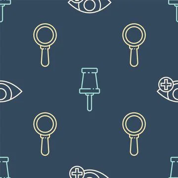 Set line Red eye effect, Magnifying glass and Push pin on seamless pattern Stock Illustration