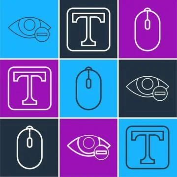Set line Red eye effect, Computer mouse and Text icon. Vector Illustrazione stock