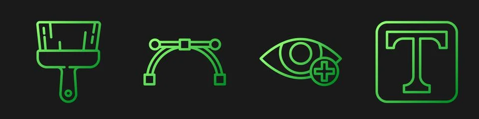 Set line Red eye effect, Paint brush, Bezier curve and Text. Gradient color Stock Illustration