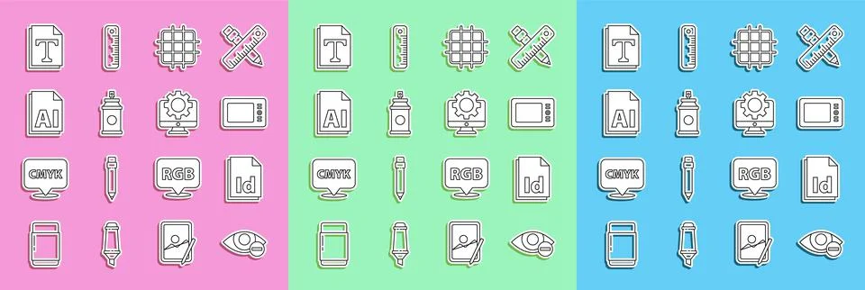 Set line Red eye effect, ID File document, Graphic tablet, Grid graph paper Stock Illustration