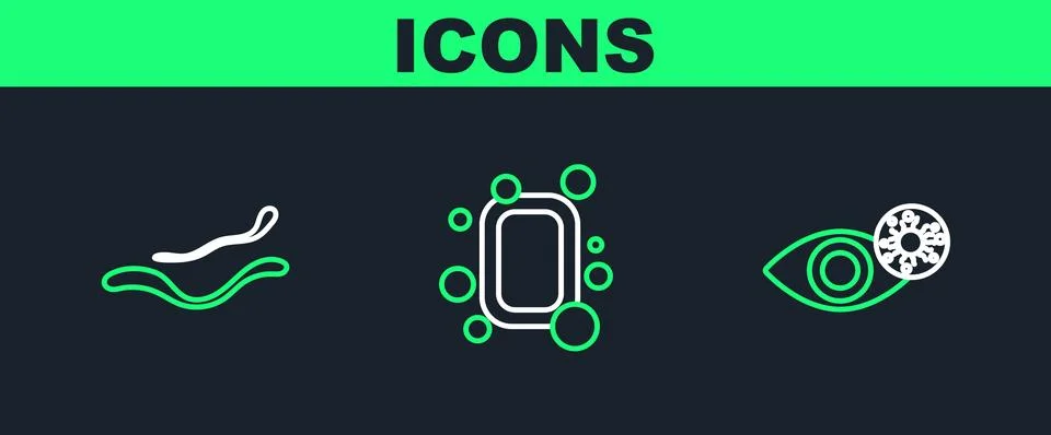 Set line Reddish eye due to virus, Ebola disease and Bar of soap icon. Vector Stock Illustration