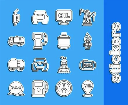 Set line Refill petrol fuel location, Oil tank storage, rig with fire, Word.. Stock Illustration