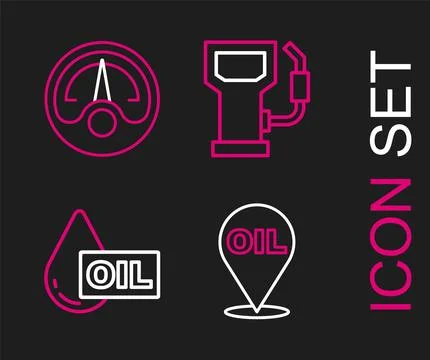 Set line Refill petrol fuel location, Oil drop, Petrol or gas station and M.. Stock Illustration