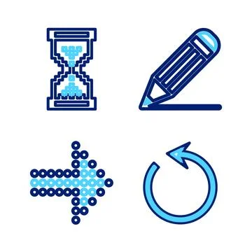 Set line Refresh, Dots arrow, Pencil and line and Hourglass pixel icon. Vecto Stock Illustration