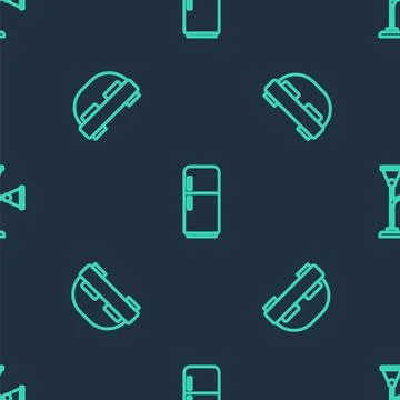 Set line Refrigerator, Big bed and Floor lamp on seamless pattern. Vector Stock Illustration