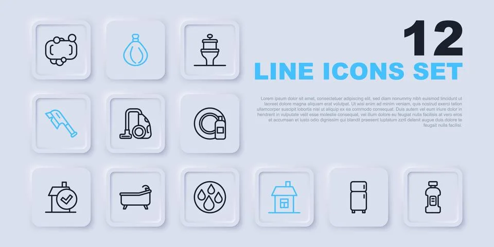 Set line Refrigerator, Bottle for detergent, Vacuum cleaner, House, Brush c.. Stock Illustration