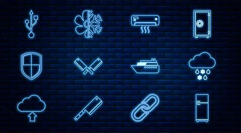 Set line Refrigerator, Cloud with snow and rain, Air conditioner, Crossed m.. Stock Illustration