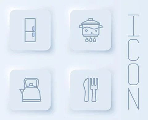 Set line Refrigerator, Cooking pot on fire, Kettle with handle and Crossed knife Illustration