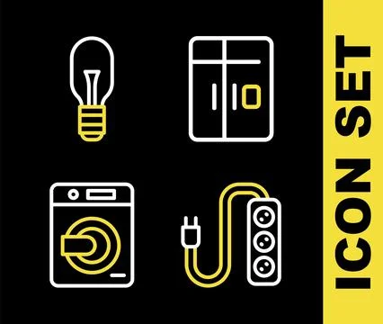 Set line Refrigerator, Electric extension, Washer and Light bulb icon. Vector Stock Illustration