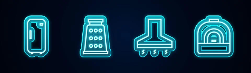 Set line Refrigerator, Grater, Kitchen extractor fan and Oven. Glowing neon i Stock Illustration