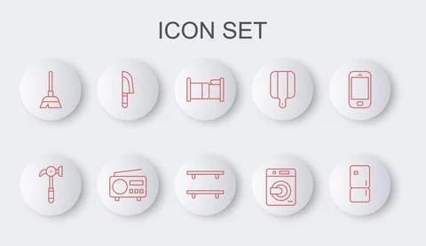 Set line Refrigerator, Hammer, Bed, Washer, Handle broom, Knife, Radio and Empty Stock Illustration