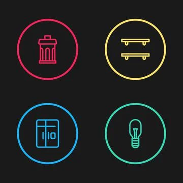 Set line Refrigerator, Light bulb, Empty wooden shelves and Trash can icon Illustrazione stock
