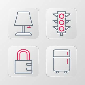 Set line Refrigerator, Safe combination lock, Traffic light and Table lamp icon Illustrazione stock