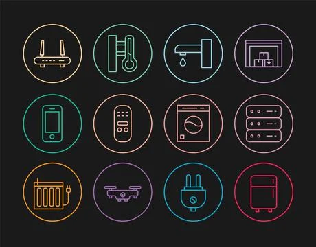 Set line Refrigerator, Server, Data, Web Hosting, Water tap, Remote control Ilustración de archivo