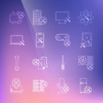 Set line Refrigerator service, Air conditioner, Hard disk drive, Computer Stock Illustration