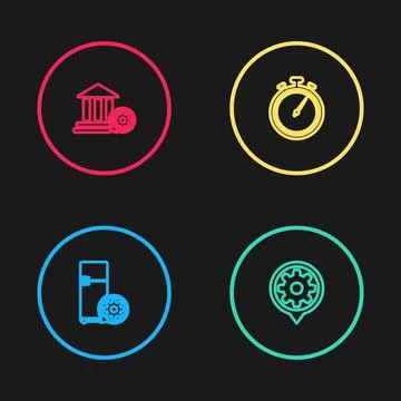 Set line Refrigerator setting, Setting, Stopwatch and Bank building icon. Vector Ilustración de archivo