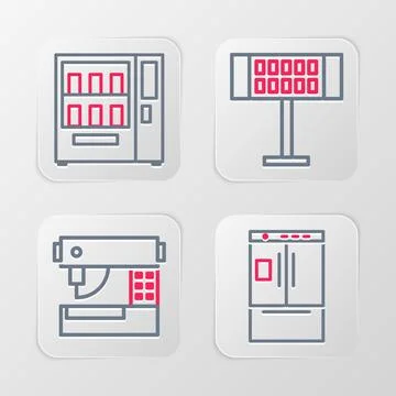 Set line Refrigerator, Sewing machine, Electric heater and Vending icon. Vect Stock Illustration