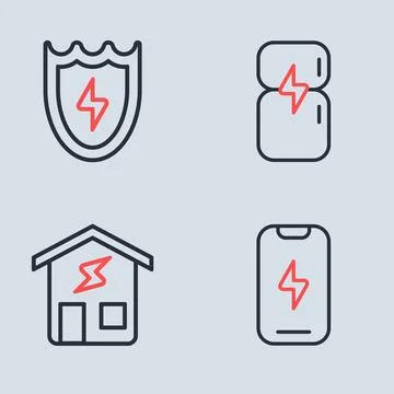 Set line Refrigerator, Smart home, Mobile phone and Lightning and shield ic.. Stock Illustration