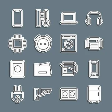 Set line Refrigerator, Smartphone, Printer, Laptop, Robot vacuum cleaner Stock Illustration