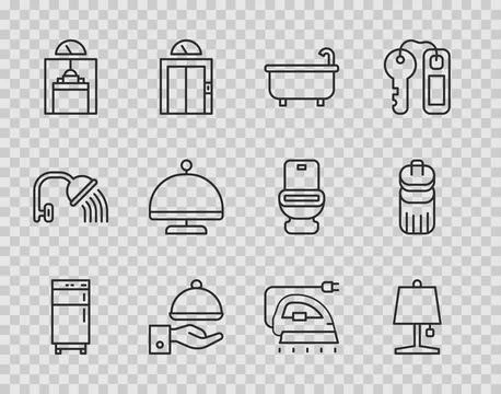 Set line Refrigerator, Table lamp, Bathtub, Covered with tray, Lift, Electr.. Illustrazione stock