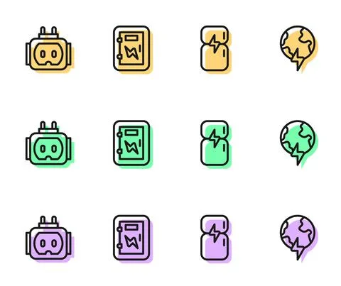 Set line Refrigerator, Tee plug electric, Electrical panel and Global planet Stock Illustration