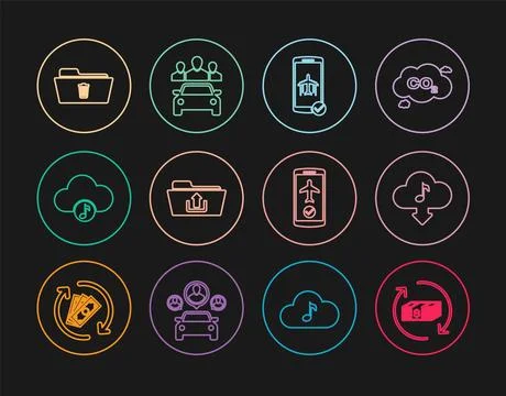 Set line Refund money, Cloud download music, Flight mode in the mobile, Fol.. Stock Illustration