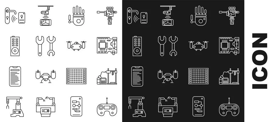 Set line Remote control, 3D printer, Printed circuit board PCB, Mechanical robot Ilustración de archivo