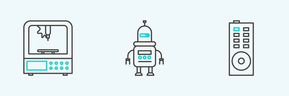 Set line Remote control, 3D printer and Robot icon. Vector Stock Illustration