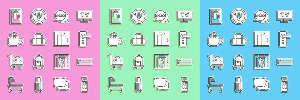 Set line Remote control, Air conditioner, Door handle, Five stars rating review Illustration