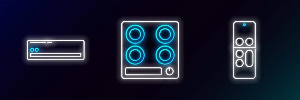 Set line Remote control, Air conditioner and Gas stove icon. Glowing neon. .. Stock Illustration
