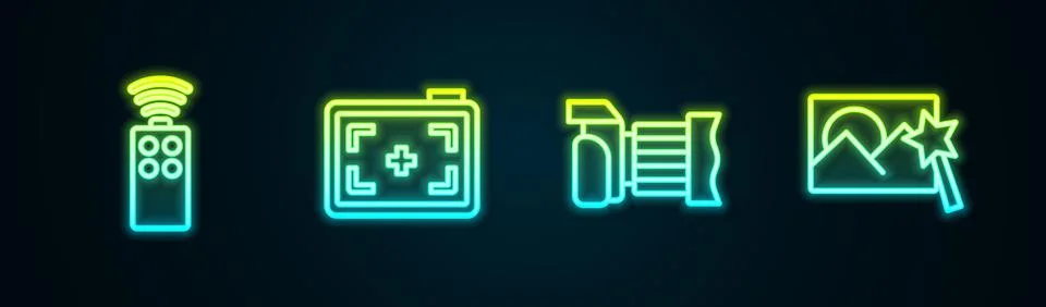Set line Remote control for camera, Photo, and retouching. Glowing neon icon Stock Illustration