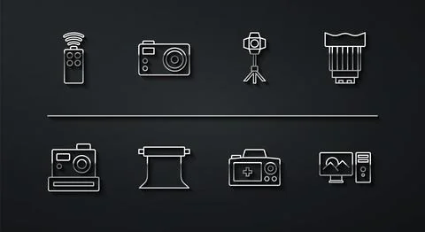 Set line Remote control for camera, Photo, Camera photo lens, Empty studio, r Stock Illustration