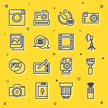 Set line Remote control for camera, Action, Softbox light, Camera timer, Photo Stock Illustration