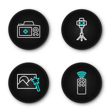 Set line Remote control for camera, Photo retouching, Softbox light and  ic.. 库存插图