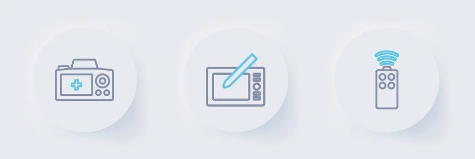 Set line Remote control for camera, Graphic tablet and Photo icon. Vector 스톡 일러스트