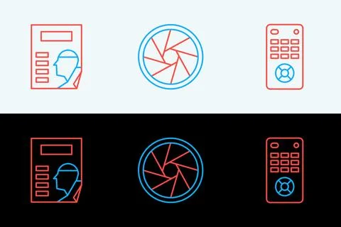Set line Remote control, Cinema poster and Camera shutter icon. Vector Stock Illustration