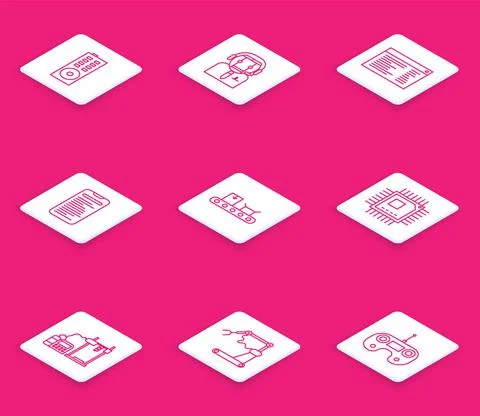 Set line Remote control, Computer api interface, Conveyor belt with cardboard Illustrazione stock