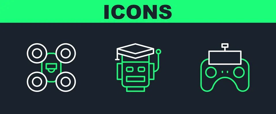 Set line Remote control, Drone and Robot icon. Vector Stock Illustration
